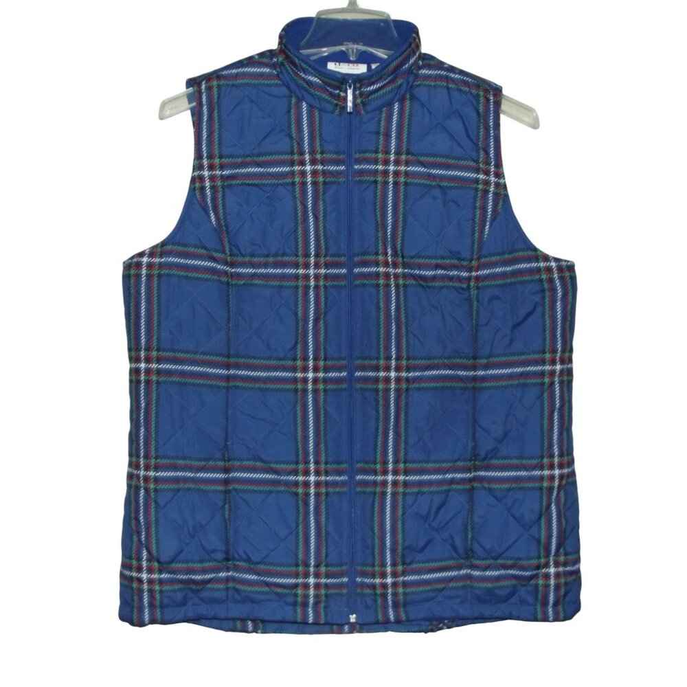 Denim & Co Puffer Vest Womens Size Large Blue Plaid fleece lined Gold Red Green